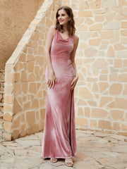 Robe Capot en Velours Longueur au Sol Rose Poudré