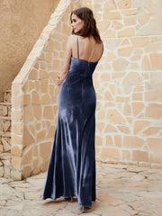 Robe Capot en Velours Longueur au Sol Bleu Marine