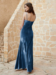 Robe Capot en Velours Longueur au Sol Bleu Encre