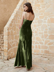 Robe Capot en Velours Longueur au Sol Olive Verte