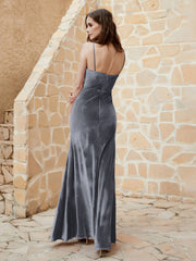 Robe Capot en Velours Longueur au Sol Gris Acier
