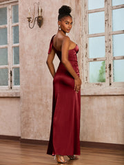 Robe Fourreau en Acétate Satin avec Corset à Une Épaule Bordeaux