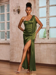 Robe Fourreau en Acétate Satin avec Corset à Une Épaule Olive Verte