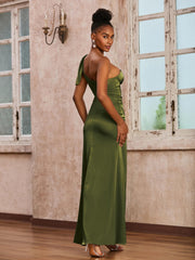 Robe Fourreau en Acétate Satin avec Corset à Une Épaule Olive Verte