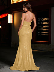 Robe Sirène en Paillettes à Col en Cœur avec Fente Or Grande Taille