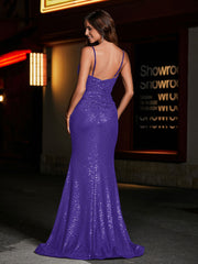 Robe Sirène en Paillettes à Col en Cœur avec Fente Régence