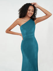 Robes en Velours à Une Epaule et Dos Ouvert avec Fente Bleu Encre