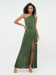 Robes en Velours à Une Epaule et Dos Ouvert avec Fente Olive Verte Grande Taille