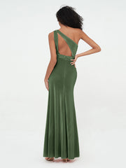 Robes en Velours à Une Epaule et Dos Ouvert avec Fente Olive Verte Grande Taille