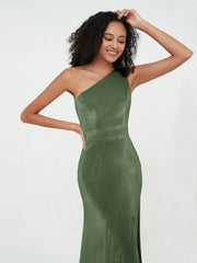 Robes en Velours à Une Epaule et Dos Ouvert avec Fente Olive Verte Grande Taille