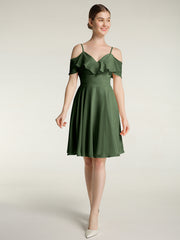 Col En Cœur Col Court Robes Avec Manches Volants Olive Verte Grande Taille
