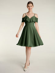 Col En Cœur Col Court Robes Avec Manches Volants Olive Verte Grande Taille