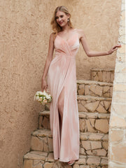 Robe Fourreau en Velours Longueur au Sol à Col en V avec Fente Rose Perle Grande Taille