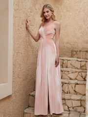 Robe Fourreau en Velours Longueur au Sol à Col en V avec Fente Rose Perle Grande Taille