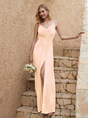 Robe Fourreau en Velours Longueur au Sol à Col en V avec Fente Champagne Grande Taille