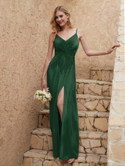 Robe Fourreau en Velours Longueur au Sol à Col en V avec Fente Vert Foncé Grande Taille