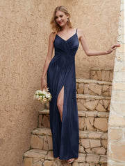 Robe Fourreau en Velours Longueur au Sol à Col en V avec Fente Bleu Marine Grande Taille