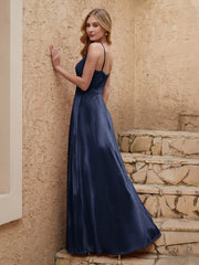 Robe Fourreau en Velours Longueur au Sol à Col en V avec Fente Bleu Marine Grande Taille