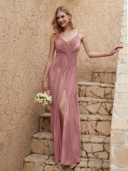 Robe Fourreau en Velours Longueur au Sol à Col en V avec Fente Rose Poudré Grande Taille