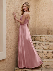 Robe Fourreau en Velours Longueur au Sol à Col en V avec Fente Rose Poudré Grande Taille