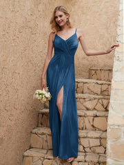 Robe Fourreau en Velours Longueur au Sol à Col en V avec Fente Bleu Encre
