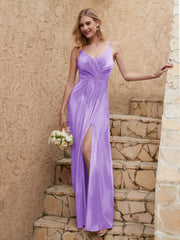 Robe Fourreau en Velours Longueur au Sol à Col en V avec Fente Lilas