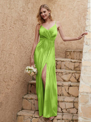 Robe Fourreau en Velours Longueur au Sol à Col en V avec Fente Vert Citron