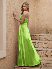 Robe Fourreau en Velours Longueur au Sol à Col en V avec Fente Vert Citron Grande Taille