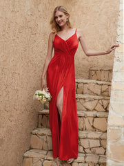 Robe Fourreau en Velours Longueur au Sol à Col en V avec Fente Rouge