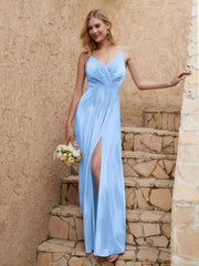 Robe Fourreau en Velours Longueur au Sol à Col en V avec Fente Bleu Ciel Grande Taille