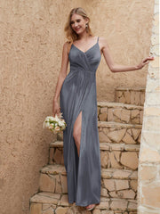 Robe Fourreau en Velours Longueur au Sol à Col en V avec Fente Gris Acier