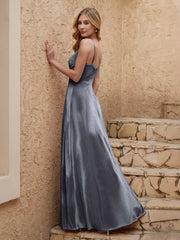 Robe Fourreau en Velours Longueur au Sol à Col en V avec Fente Gris Acier Grande Taille
