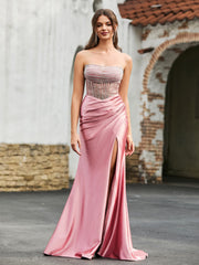 Maxi Robe en Satin avec Corset Diamanté Bleu Marine Clair