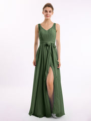 Col En V Mousseline Nœud Ceinture Tenues Avec Fente Olive Verte Grande Taille