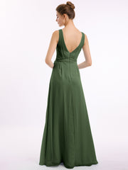 Col En V Mousseline Nœud Ceinture Tenues Avec Fente Olive Verte Grande Taille