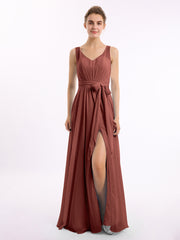 Col En V Mousseline Nœud Ceinture Tenues Avec Fente terracotta