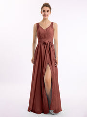 Col En V Mousseline Nœud Ceinture Tenues Avec Fente terracotta Grande Taille