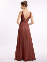 Col En V Mousseline Nœud Ceinture Tenues Avec Fente terracotta Grande Taille