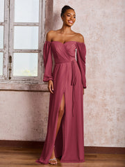 Robe à Hors de l'Épaule et Manches Longues avec Nœud et Fente Cannelle Rose