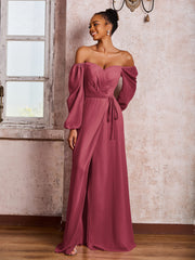 Robe à Hors de l'Épaule et Manches Longues avec Nœud et Fente Cannelle Rose