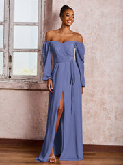 Robe à Hors de l'Épaule et Manches Longues avec Nœud et Fente Pervenche