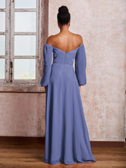 Robe à Hors de l'Épaule et Manches Longues avec Nœud et Fente Pervenche