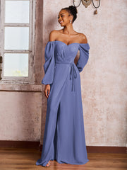 Robe à Hors de l'Épaule et Manches Longues avec Nœud et Fente Pervenche