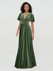 Robes Maxi en Velours à Dos Ouvert et Manches Flottantes Olive Verte