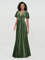 Robes Maxi en Velours à Dos Ouvert et Manches Flottantes Olive Verte Grande Taille