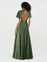 Robes Maxi en Velours à Dos Ouvert et Manches Flottantes Olive Verte Grande Taille