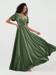 Robes Maxi en Velours à Dos Ouvert et Manches Flottantes Olive Verte Grande Taille