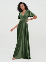 Robes Maxi en Velours à Dos Ouvert et Manches Flottantes Olive Verte Grande Taille