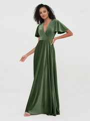Robes Maxi en Velours à Dos Ouvert et Manches Flottantes Olive Verte