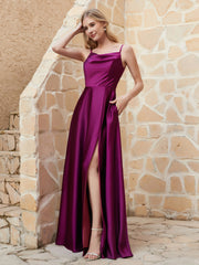Robe Capot de A-ligne en Satin avec Fente Orchidee Grande Taille